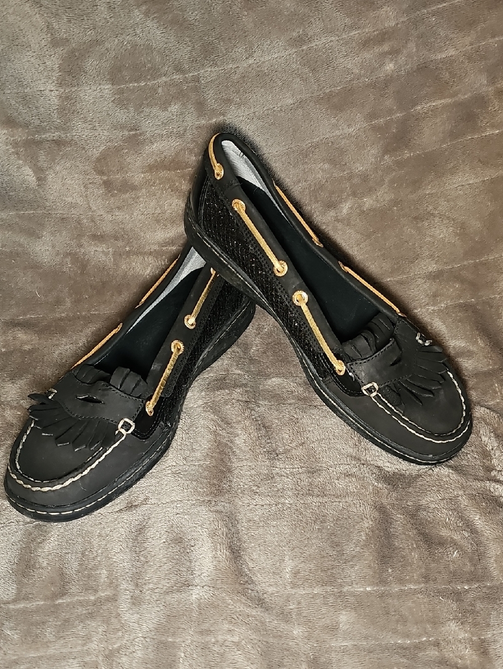 Sperry Black Boat Shoe Moccasin Size 7.5 Womens Simmery Metalic Scale Accent